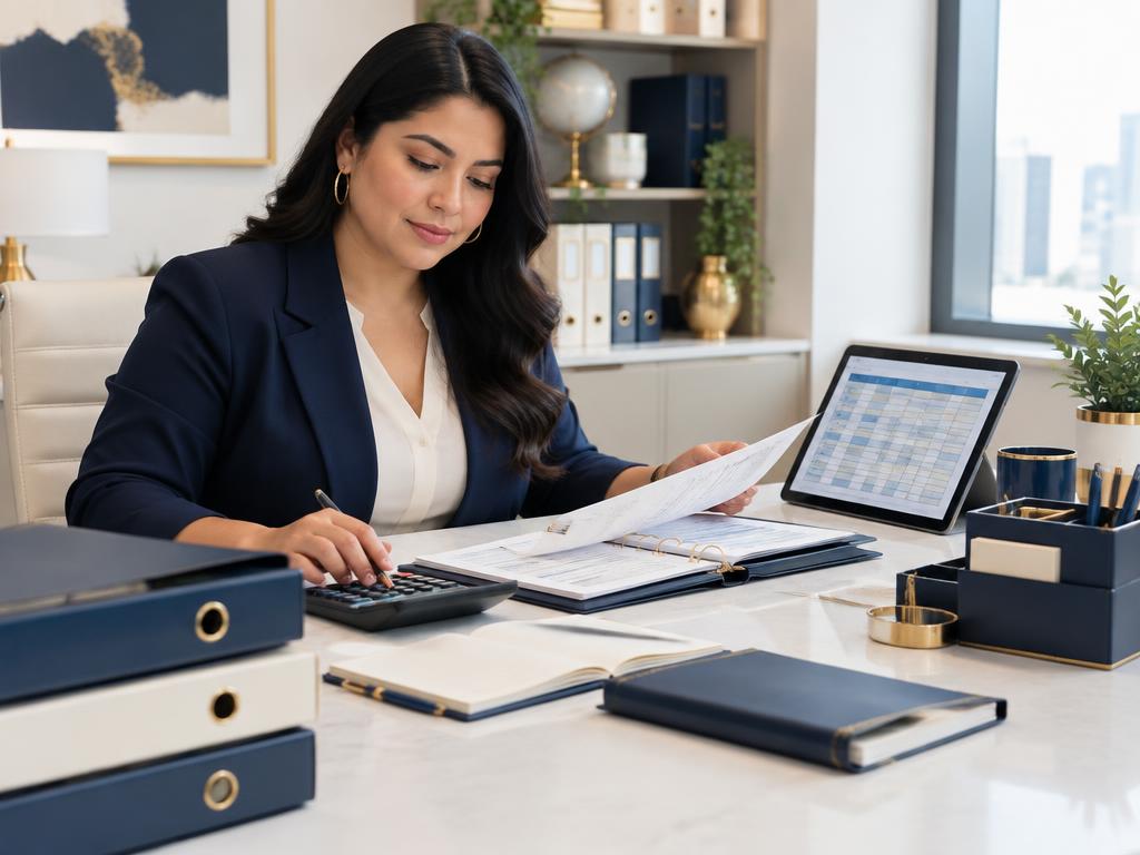 Administrator organizing bookkeeping and payroll documents